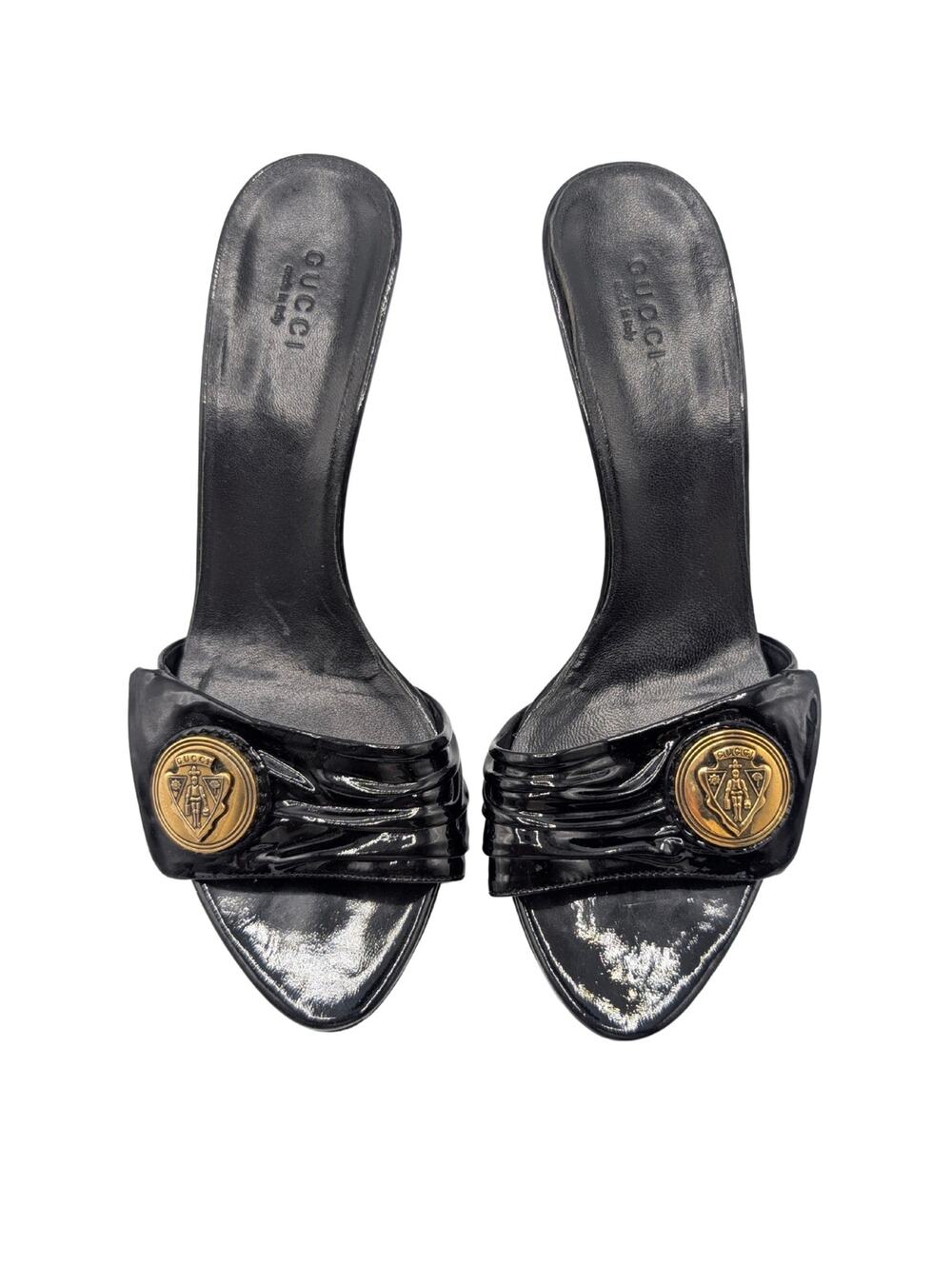 Gucci Y2K Black Patent Gold Hysteria Mule Sandals Size 7.5